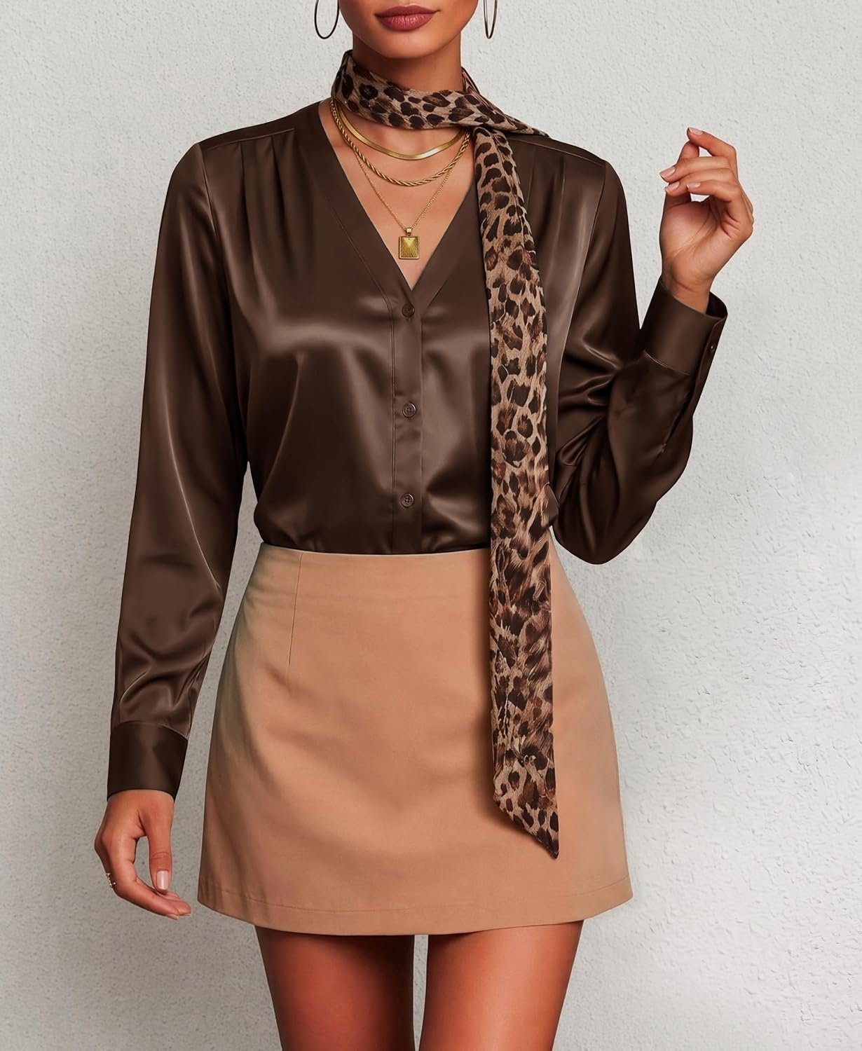 image:imageZeagoo Women Satin Silk Blouses V Neck Long Sleeve Button Down Shirts TopsBrown