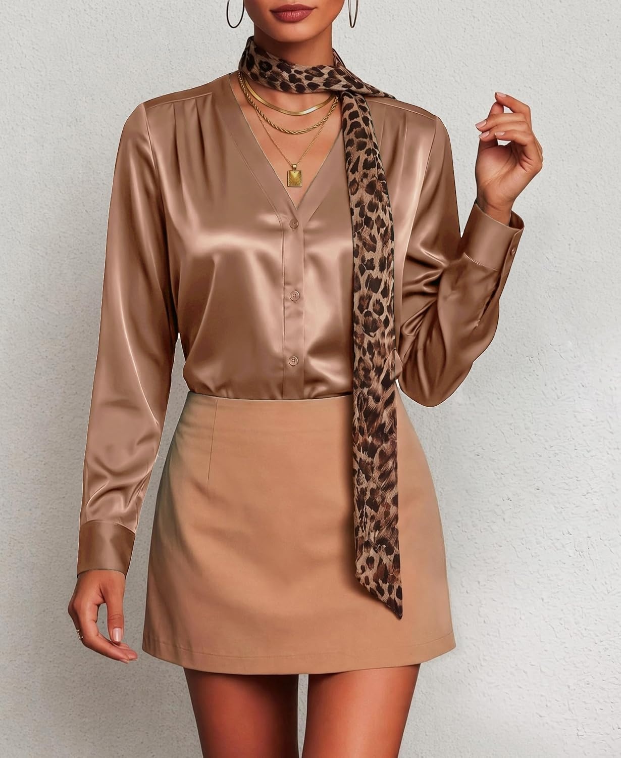 image:imageZeagoo Women Satin Silk Blouses V Neck Long Sleeve Button Down Shirts TopsCamel