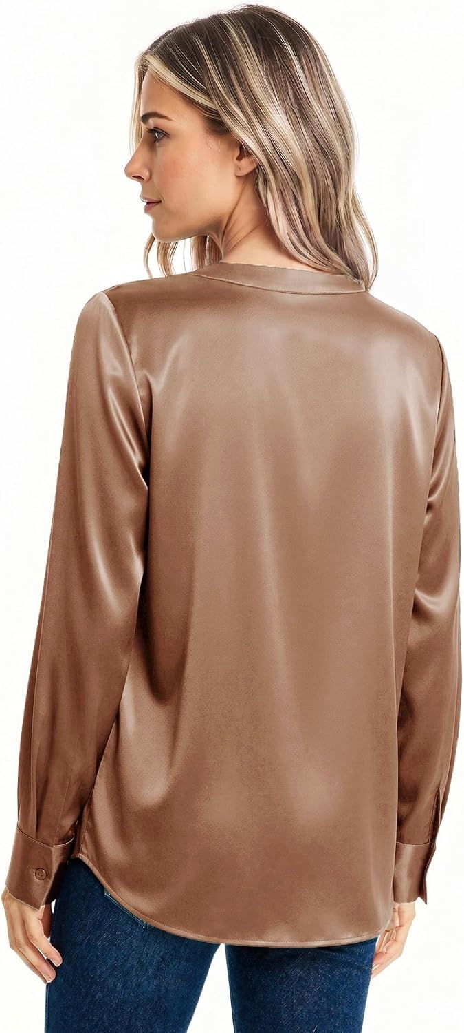image:imageZeagoo Women Satin Silk Blouses V Neck Long Sleeve Button Down Shirts TopsCamel
