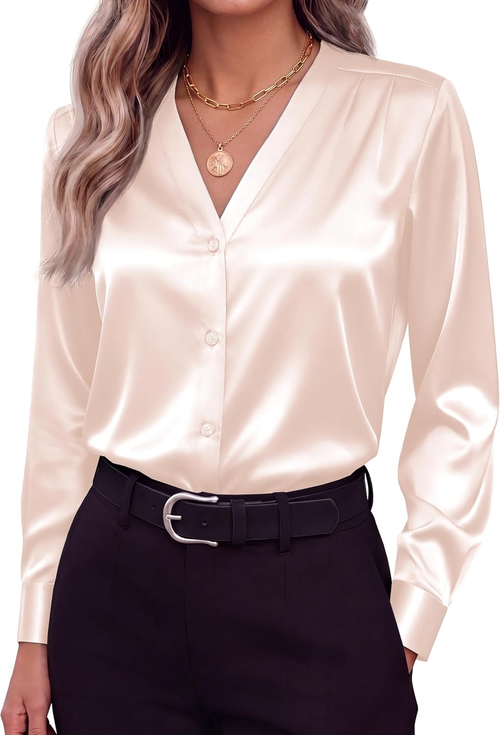 image:imageZeagoo Women Satin Silk Blouses V Neck Long Sleeve Button Down Shirts TopsChampagne