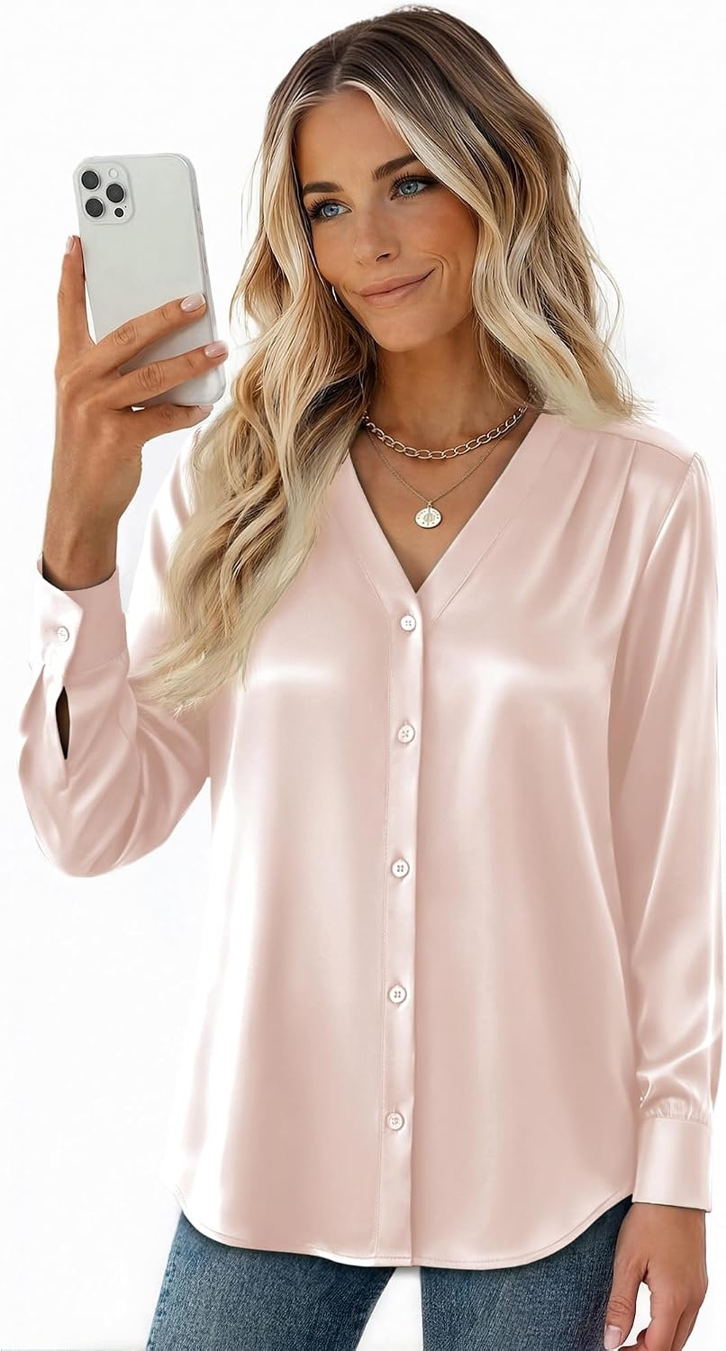 image:imageZeagoo Women Satin Silk Blouses V Neck Long Sleeve Button Down Shirts TopsChampagne