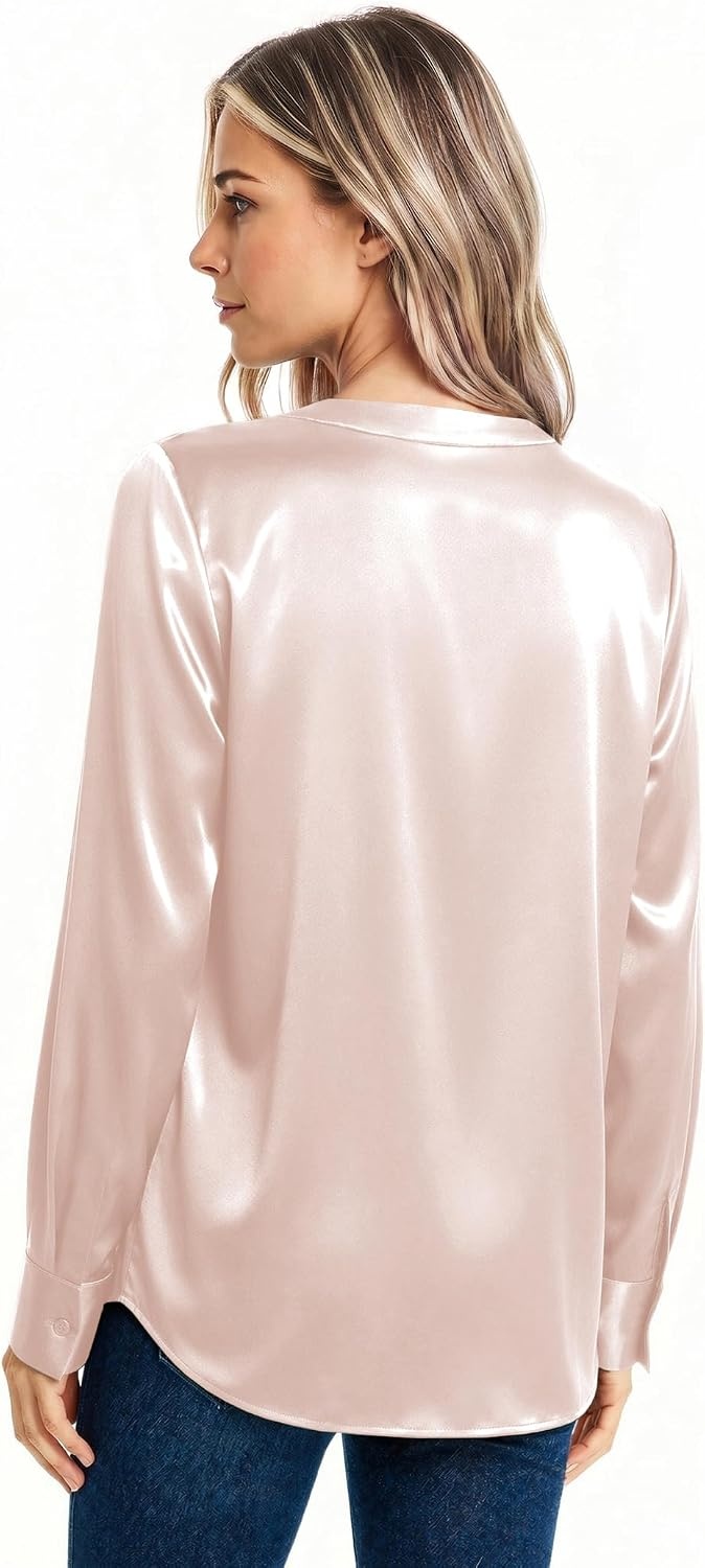 image:imageZeagoo Women Satin Silk Blouses V Neck Long Sleeve Button Down Shirts TopsChampagne