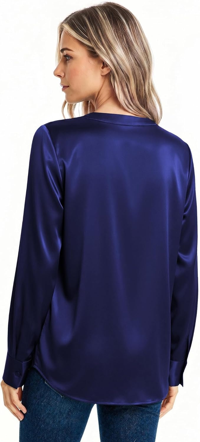 image:imageZeagoo Women Satin Silk Blouses V Neck Long Sleeve Button Down Shirts TopsDark Blue