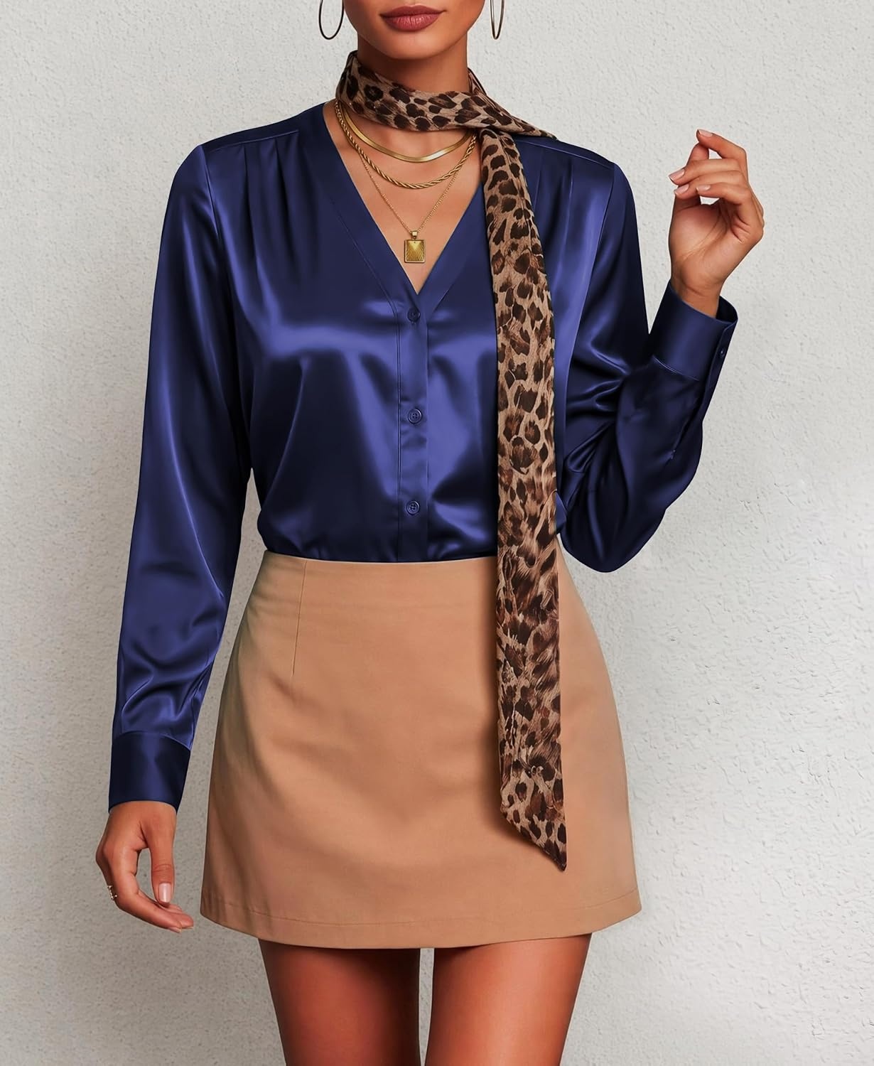 image:imageZeagoo Women Satin Silk Blouses V Neck Long Sleeve Button Down Shirts TopsDark Blue