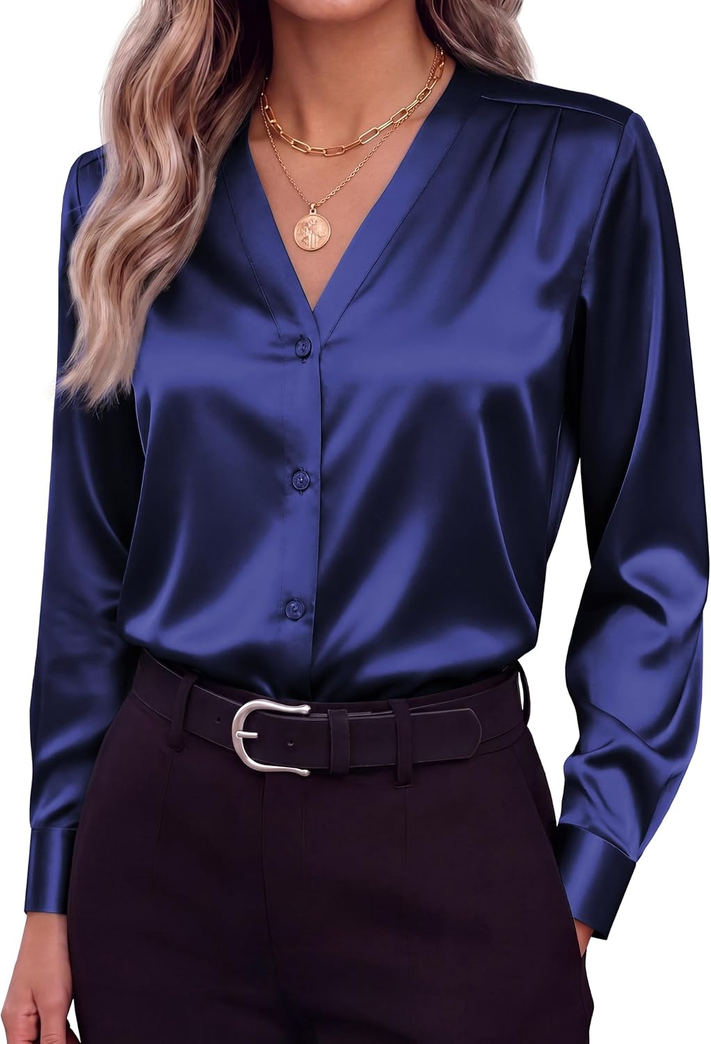 image:imageZeagoo Women Satin Silk Blouses V Neck Long Sleeve Button Down Shirts TopsDark Blue