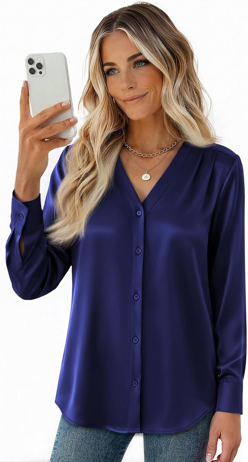 image:imageZeagoo Women Satin Silk Blouses V Neck Long Sleeve Button Down Shirts TopsDark Blue