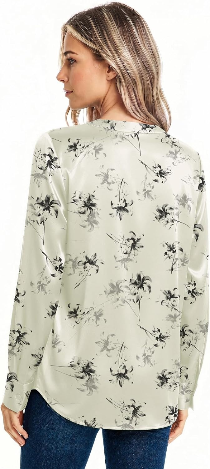 image:imageZeagoo Women Satin Silk Blouses V Neck Long Sleeve Button Down Shirts TopsDh1018