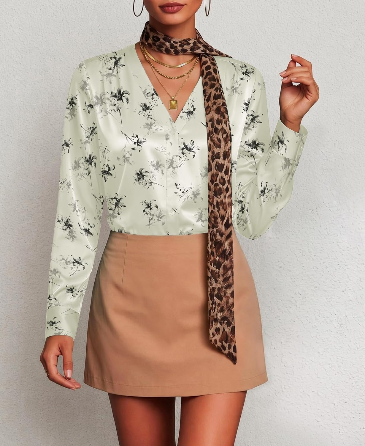image:imageZeagoo Women Satin Silk Blouses V Neck Long Sleeve Button Down Shirts TopsDh1018