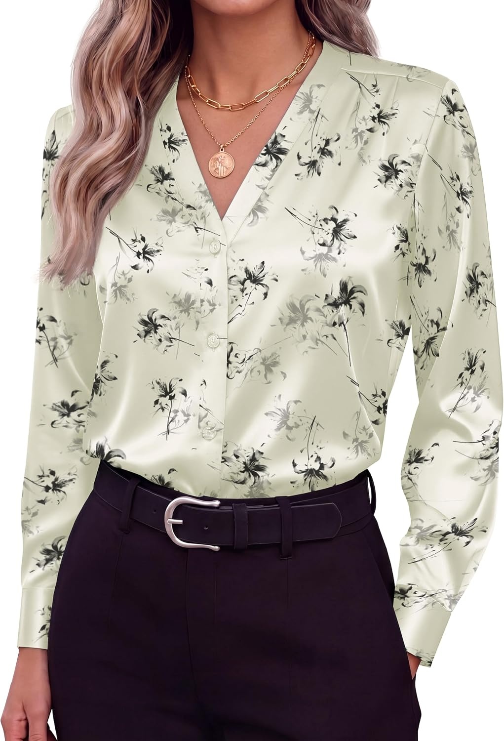 image:imageZeagoo Women Satin Silk Blouses V Neck Long Sleeve Button Down Shirts TopsDh1018