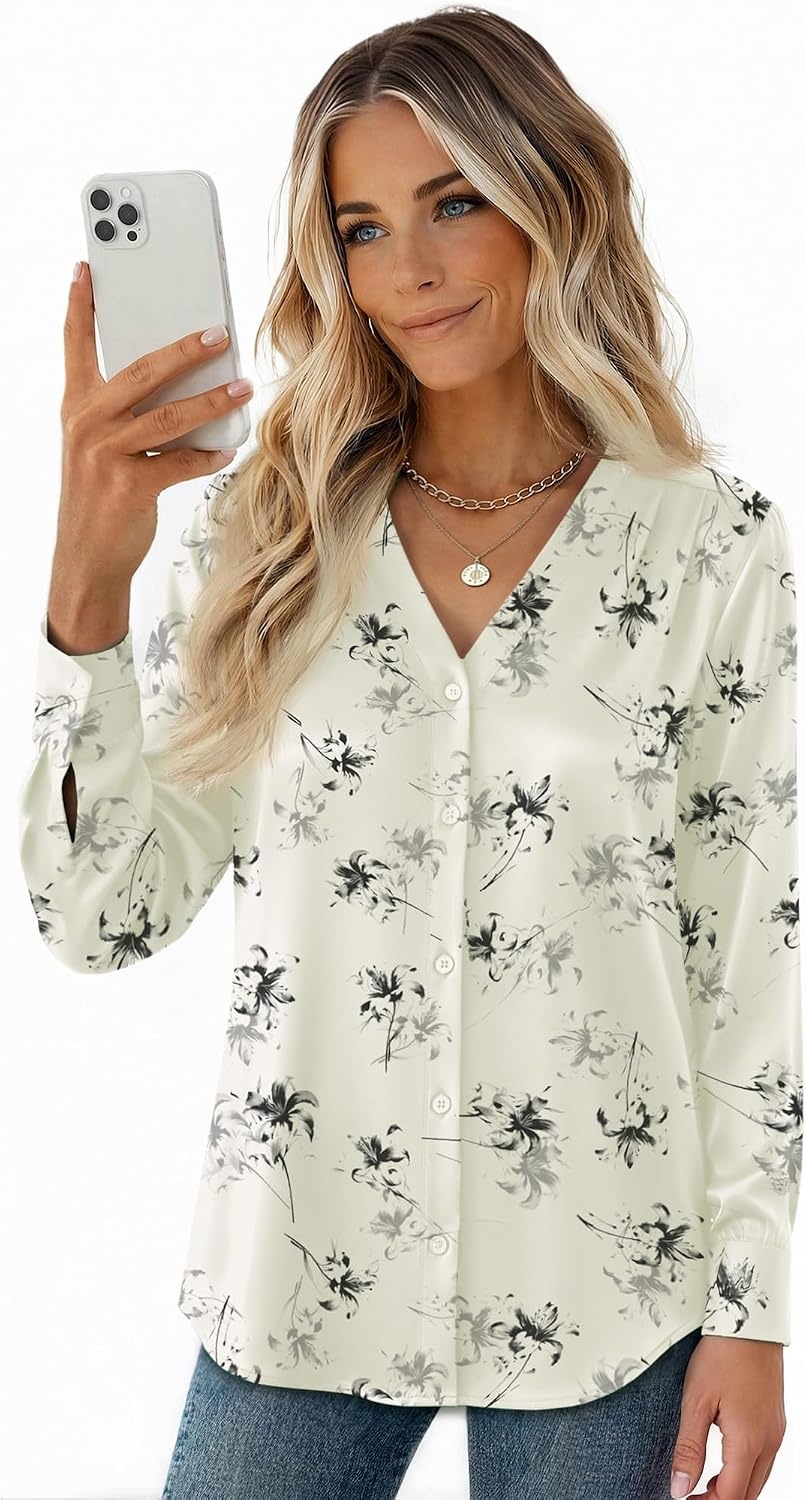 image:imageZeagoo Women Satin Silk Blouses V Neck Long Sleeve Button Down Shirts TopsDh1018