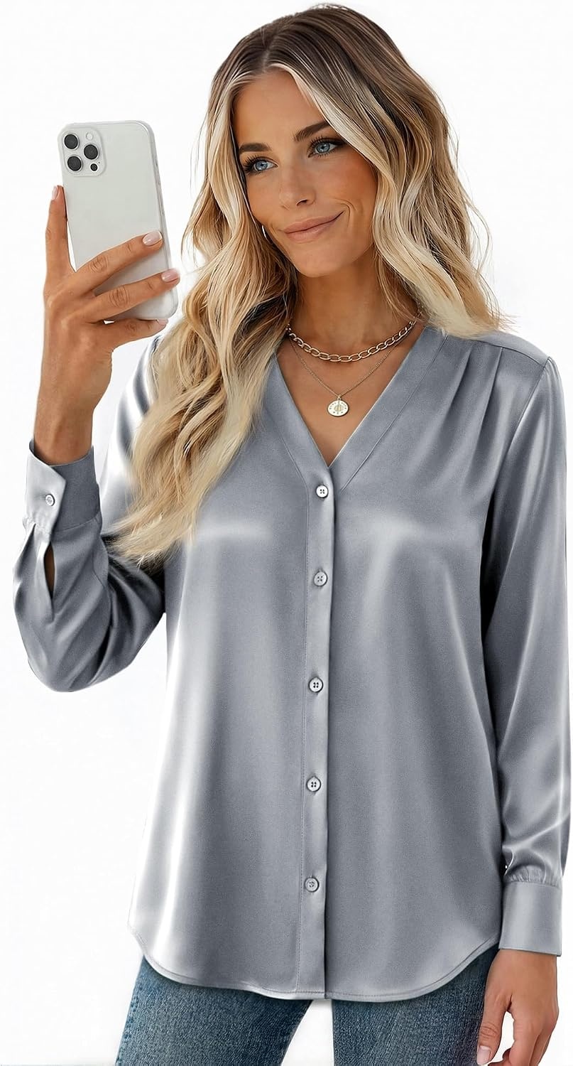image:imageZeagoo Women Satin Silk Blouses V Neck Long Sleeve Button Down Shirts TopsGray