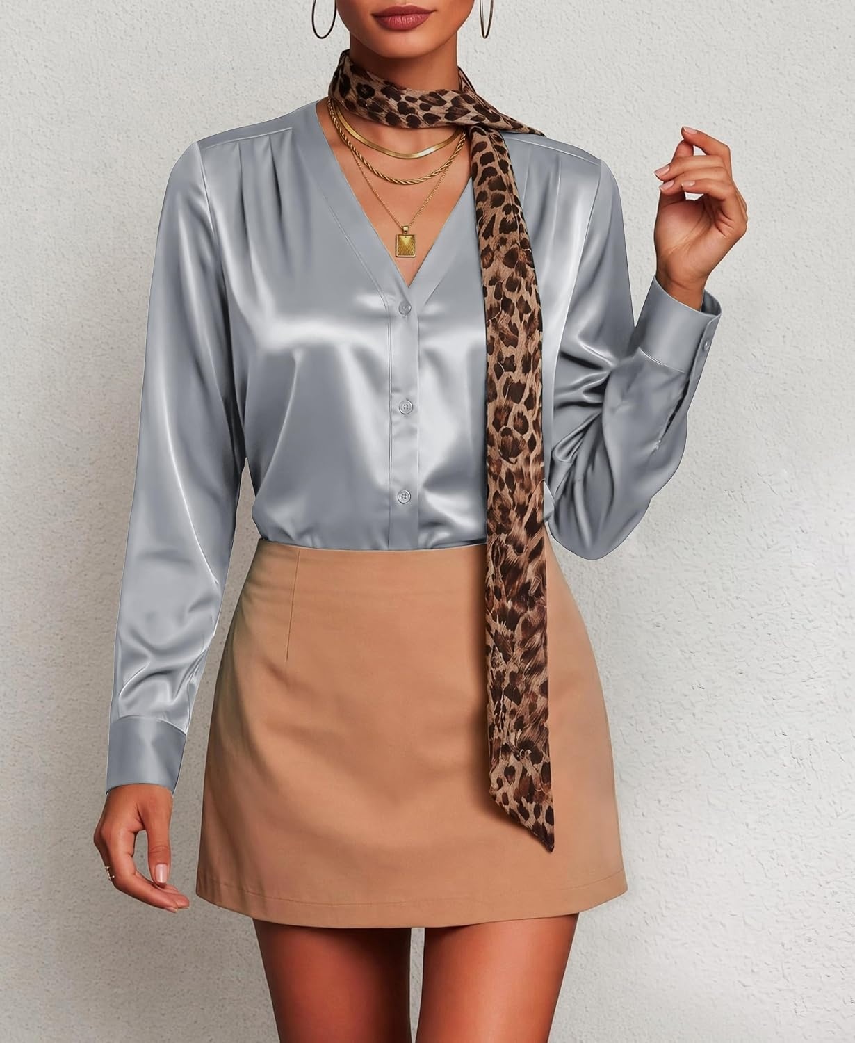 image:imageZeagoo Women Satin Silk Blouses V Neck Long Sleeve Button Down Shirts TopsGray