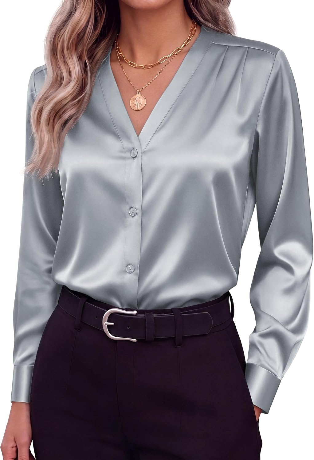 image:imageZeagoo Women Satin Silk Blouses V Neck Long Sleeve Button Down Shirts TopsGray
