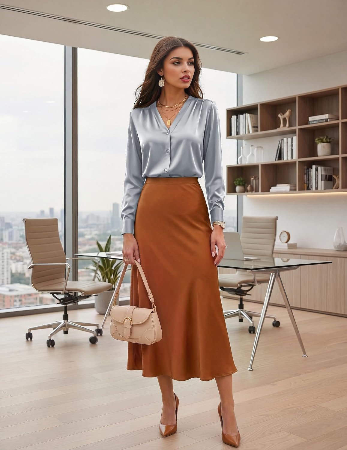 image:imageZeagoo Women Satin Silk Blouses V Neck Long Sleeve Button Down Shirts TopsGray