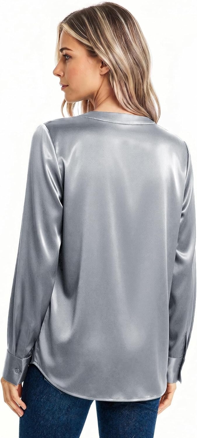 image:imageZeagoo Women Satin Silk Blouses V Neck Long Sleeve Button Down Shirts TopsGray