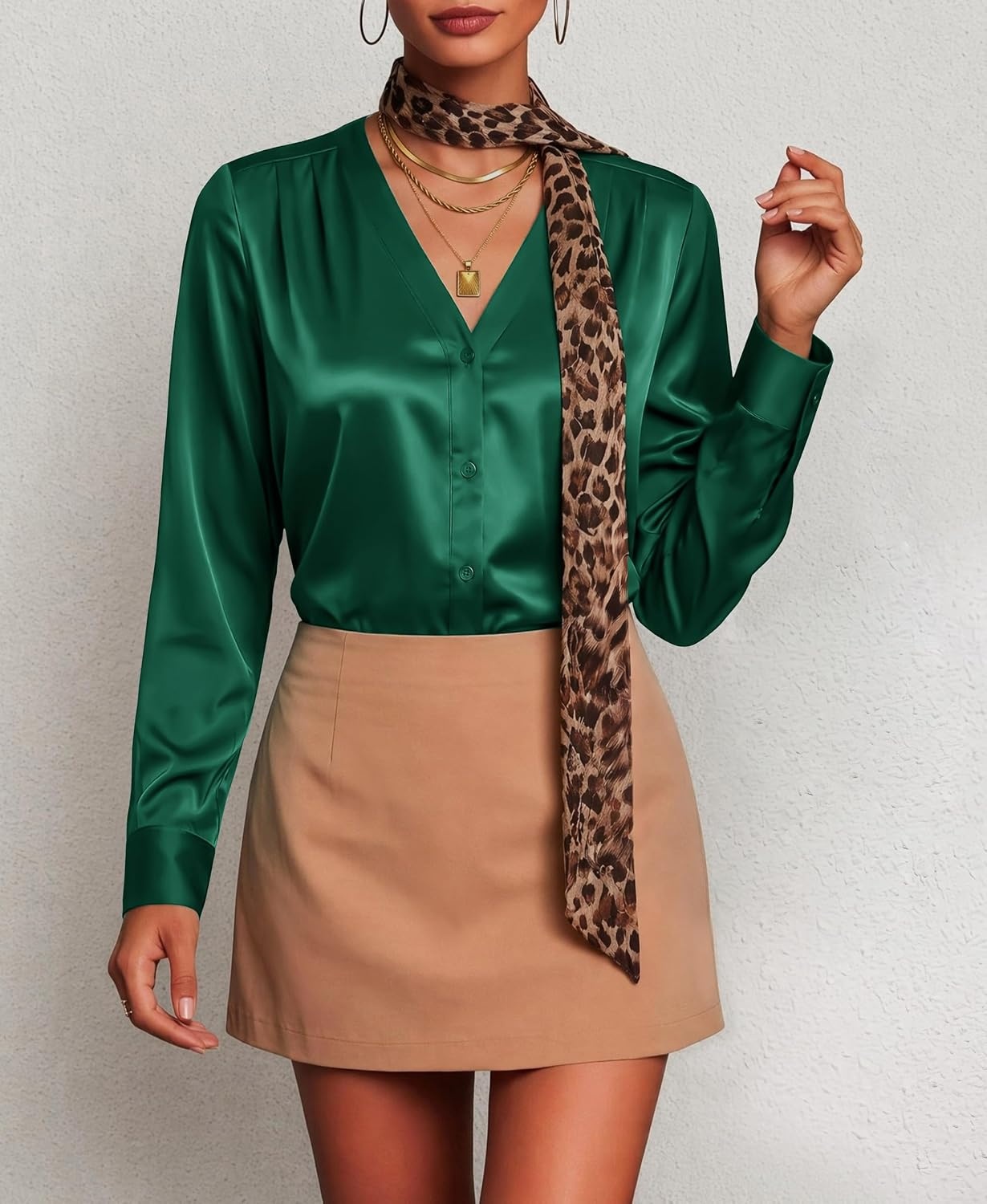 image:imageZeagoo Women Satin Silk Blouses V Neck Long Sleeve Button Down Shirts TopsGreen