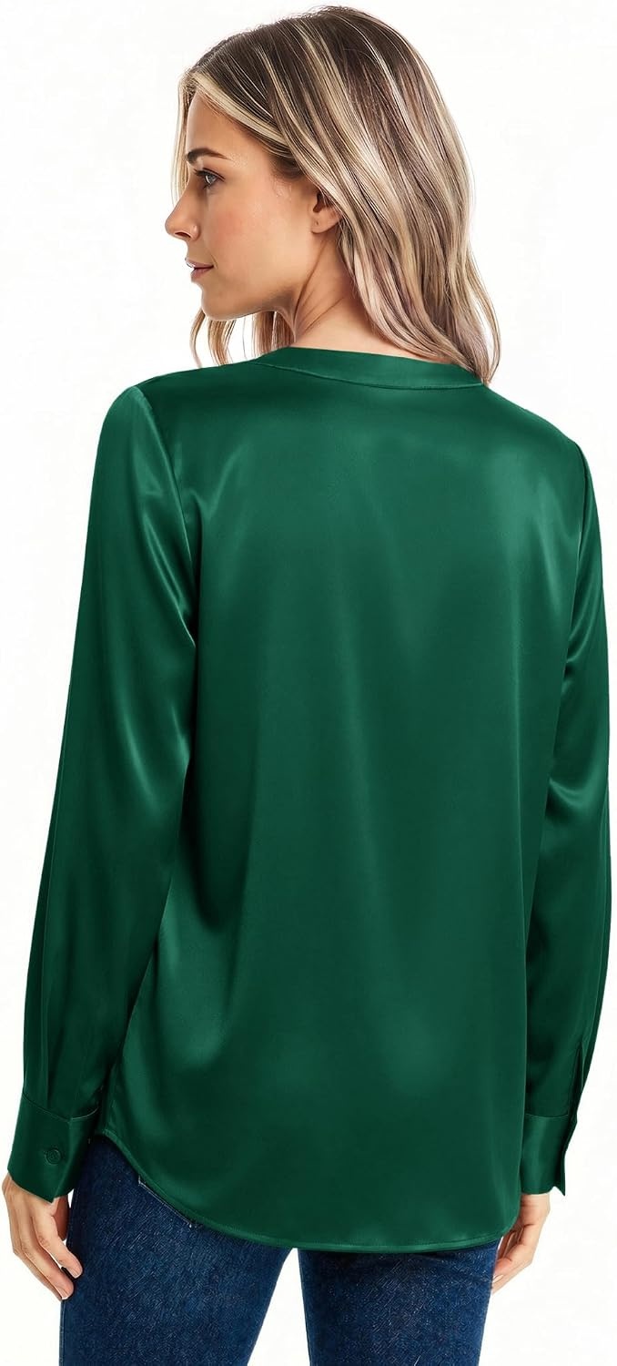image:imageZeagoo Women Satin Silk Blouses V Neck Long Sleeve Button Down Shirts TopsGreen