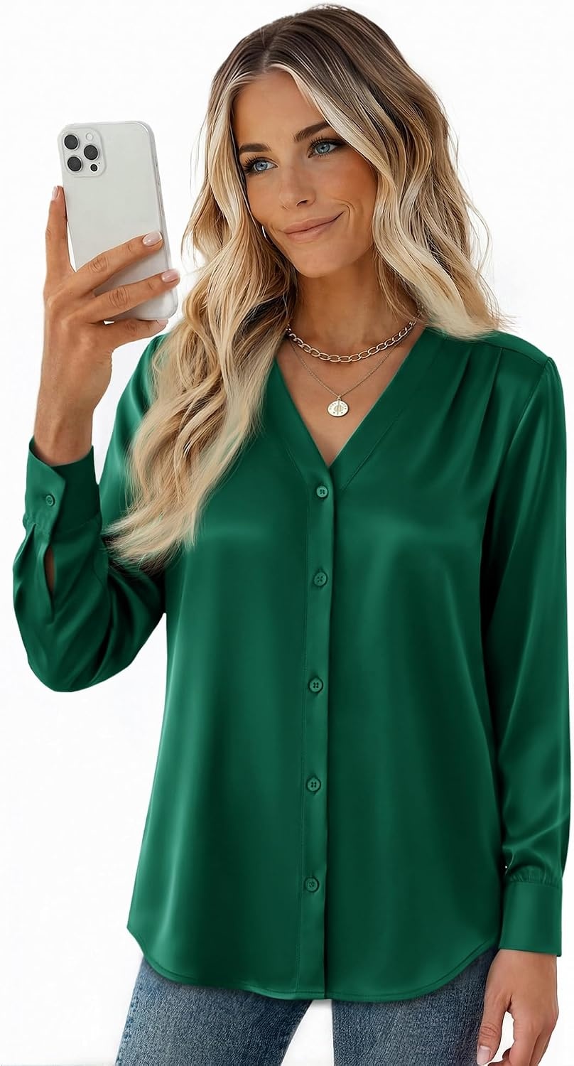 image:imageZeagoo Women Satin Silk Blouses V Neck Long Sleeve Button Down Shirts TopsGreen