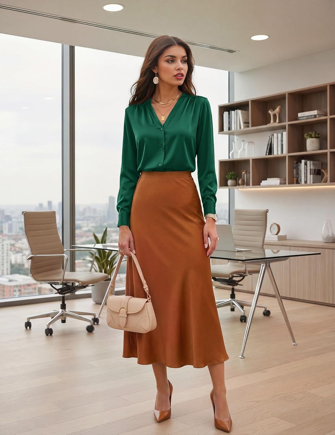 image:imageZeagoo Women Satin Silk Blouses V Neck Long Sleeve Button Down Shirts TopsGreen
