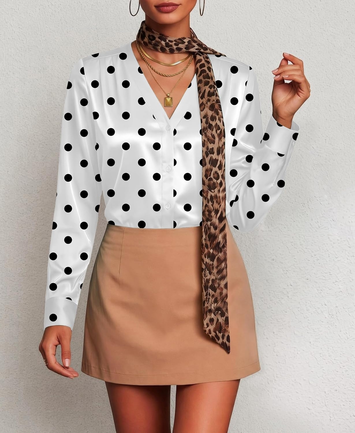 image:imageZeagoo Women Satin Silk Blouses V Neck Long Sleeve Button Down Shirts TopsJh592