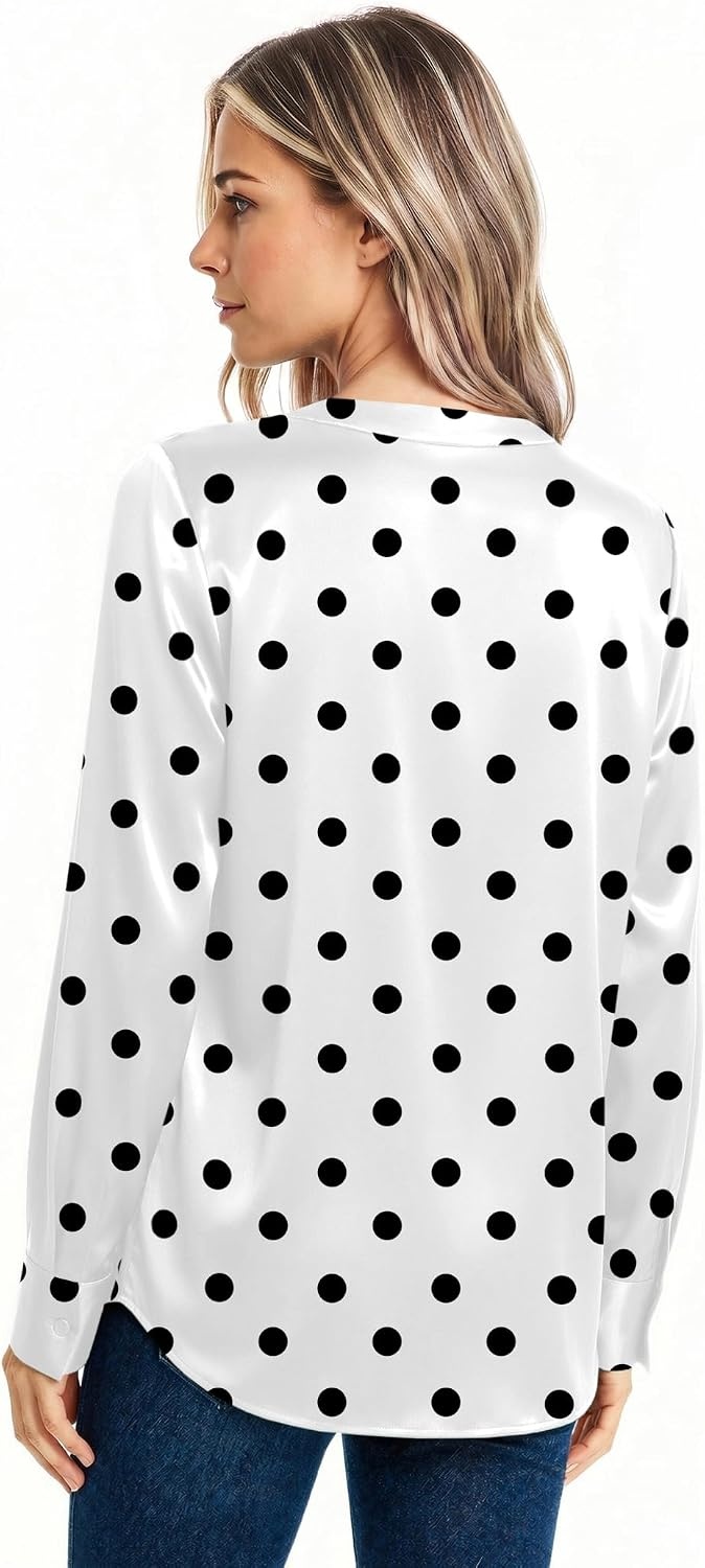 image:imageZeagoo Women Satin Silk Blouses V Neck Long Sleeve Button Down Shirts TopsJh592
