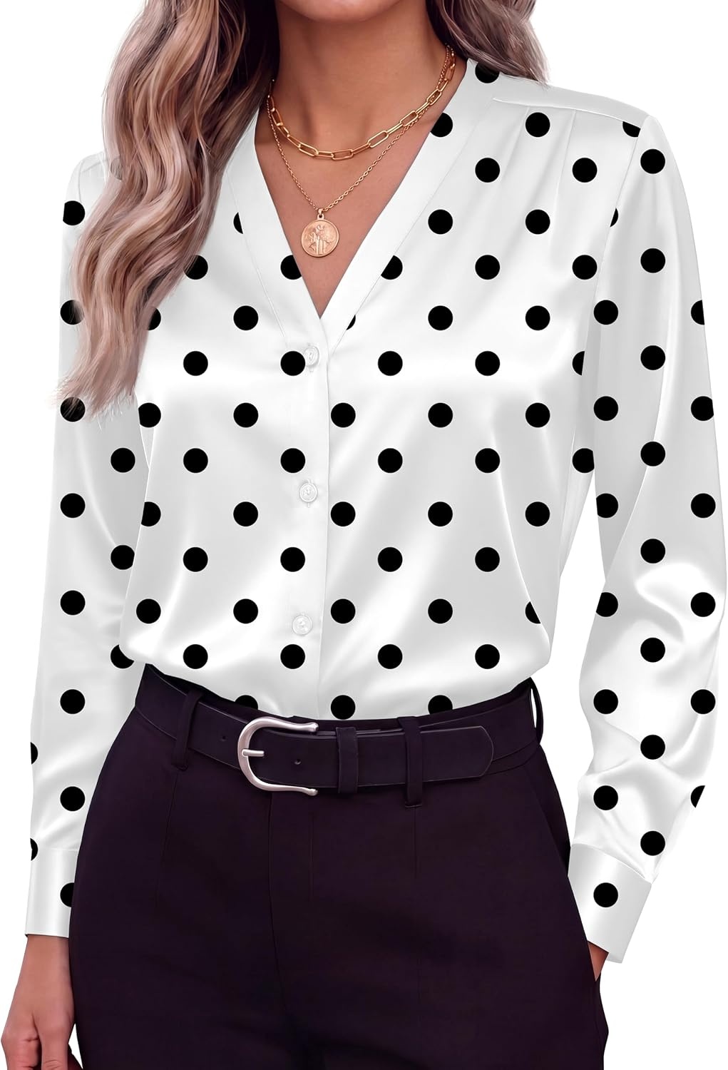image:imageZeagoo Women Satin Silk Blouses V Neck Long Sleeve Button Down Shirts TopsJh592