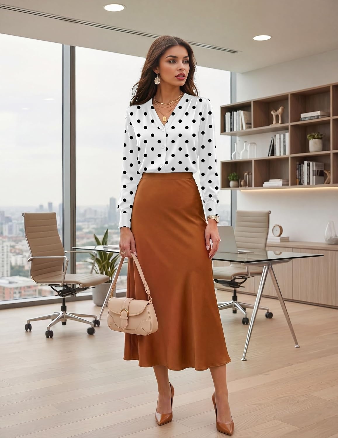 image:imageZeagoo Women Satin Silk Blouses V Neck Long Sleeve Button Down Shirts TopsJh592