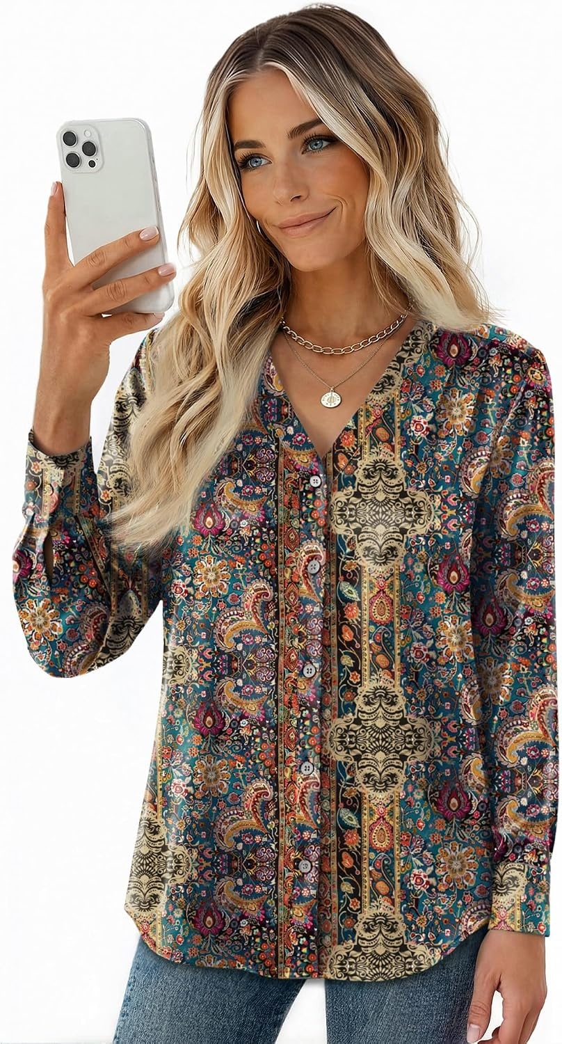 image:imageZeagoo Women Satin Silk Blouses V Neck Long Sleeve Button Down Shirts TopsMz721