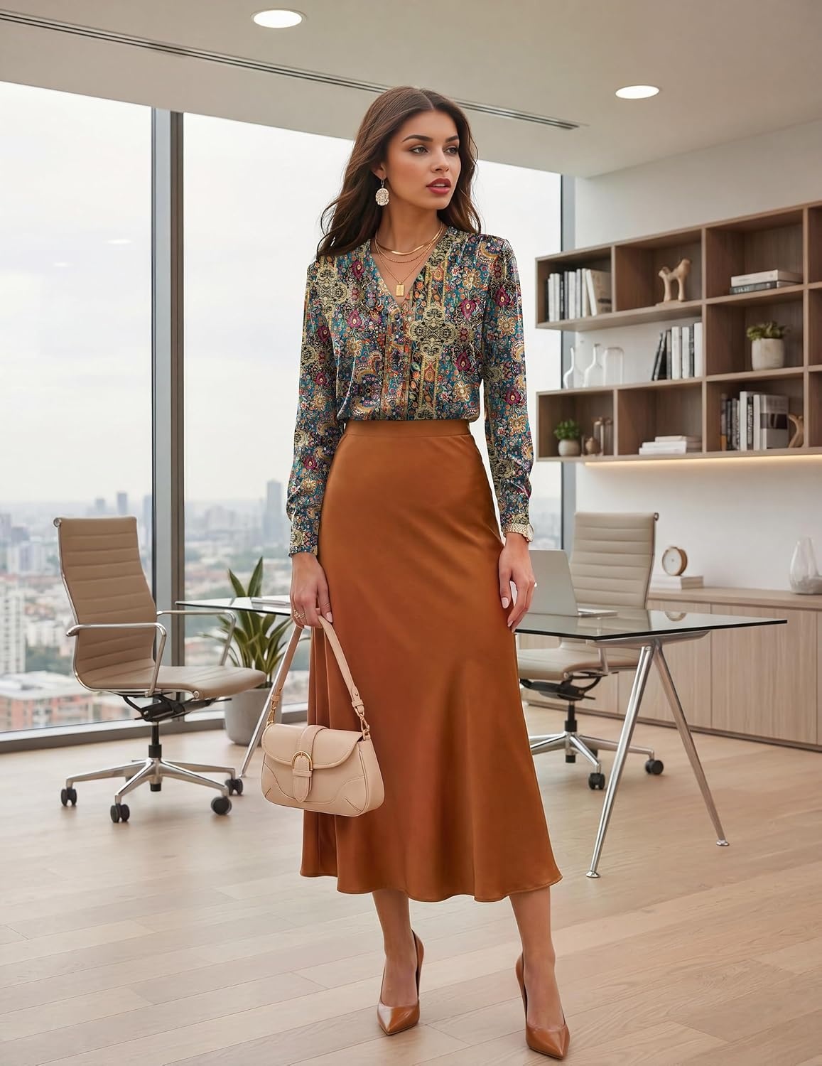 image:imageZeagoo Women Satin Silk Blouses V Neck Long Sleeve Button Down Shirts TopsMz721