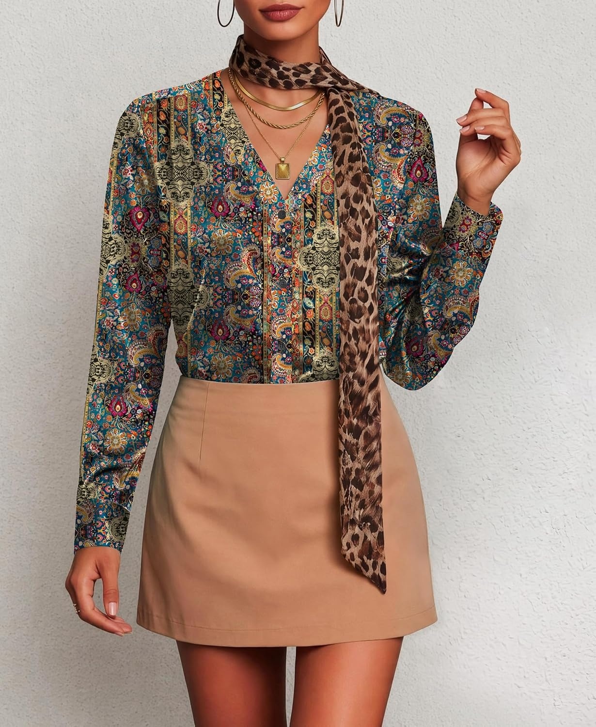 image:imageZeagoo Women Satin Silk Blouses V Neck Long Sleeve Button Down Shirts TopsMz721