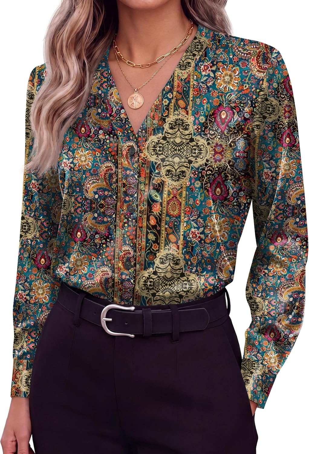 image:imageZeagoo Women Satin Silk Blouses V Neck Long Sleeve Button Down Shirts TopsMz721