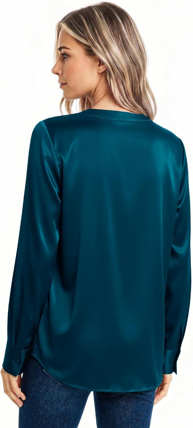 image:imageZeagoo Women Satin Silk Blouses V Neck Long Sleeve Button Down Shirts TopsPeacock Blue