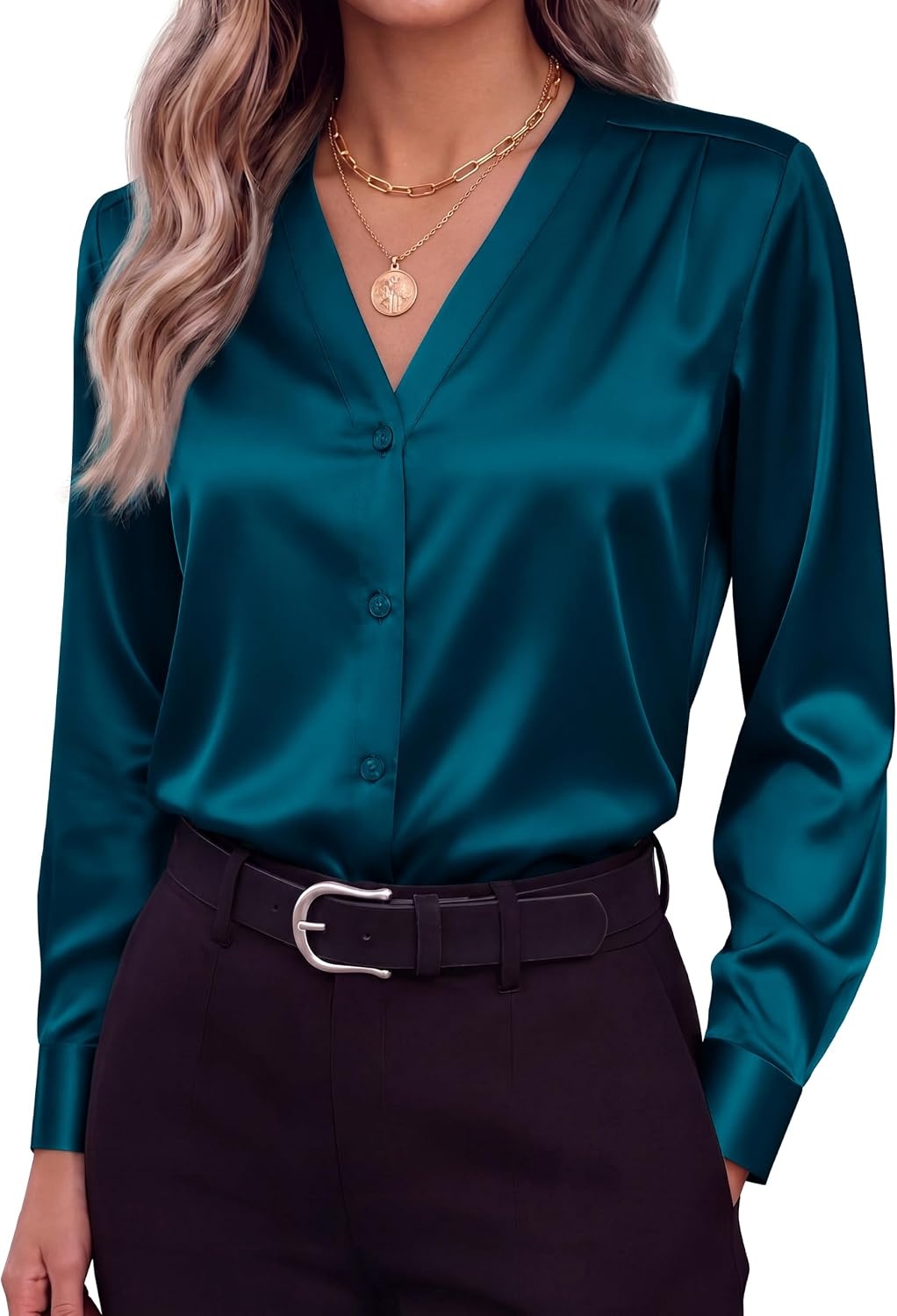 image:imageZeagoo Women Satin Silk Blouses V Neck Long Sleeve Button Down Shirts TopsPeacock Blue