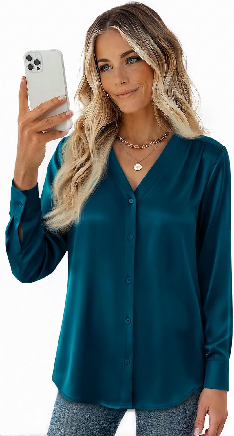 image:imageZeagoo Women Satin Silk Blouses V Neck Long Sleeve Button Down Shirts TopsPeacock Blue
