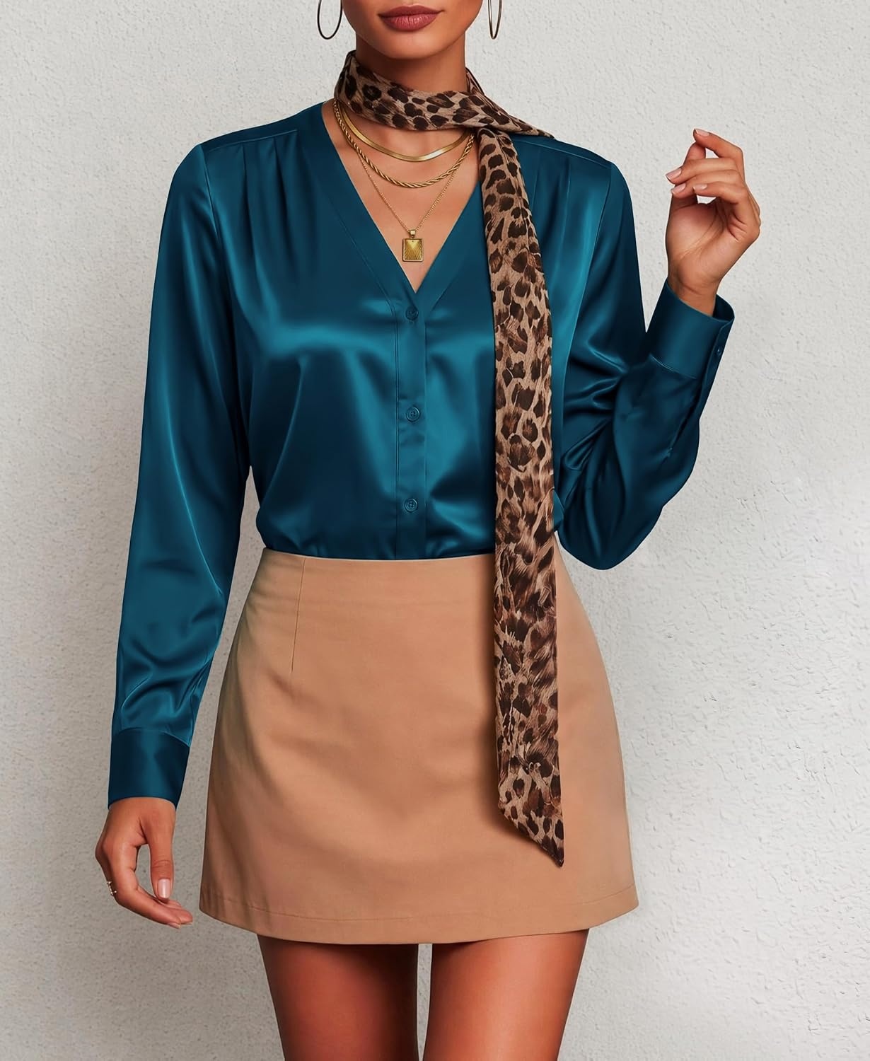 image:imageZeagoo Women Satin Silk Blouses V Neck Long Sleeve Button Down Shirts TopsPeacock Blue