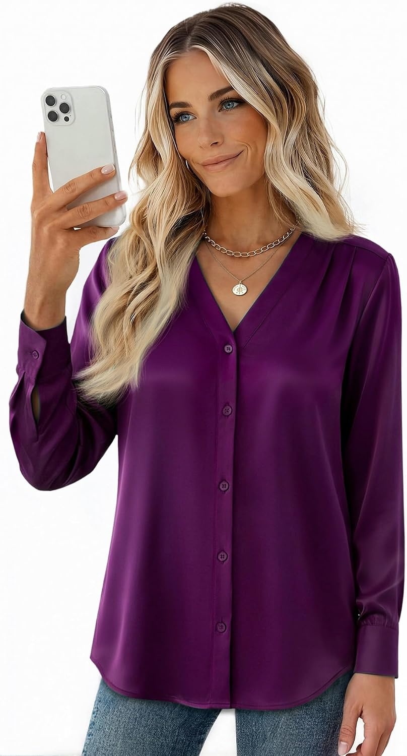 image:imageZeagoo Women Satin Silk Blouses V Neck Long Sleeve Button Down Shirts TopsPurple