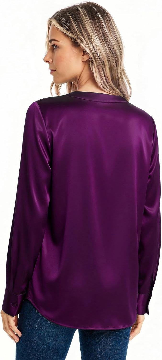 image:imageZeagoo Women Satin Silk Blouses V Neck Long Sleeve Button Down Shirts TopsPurple