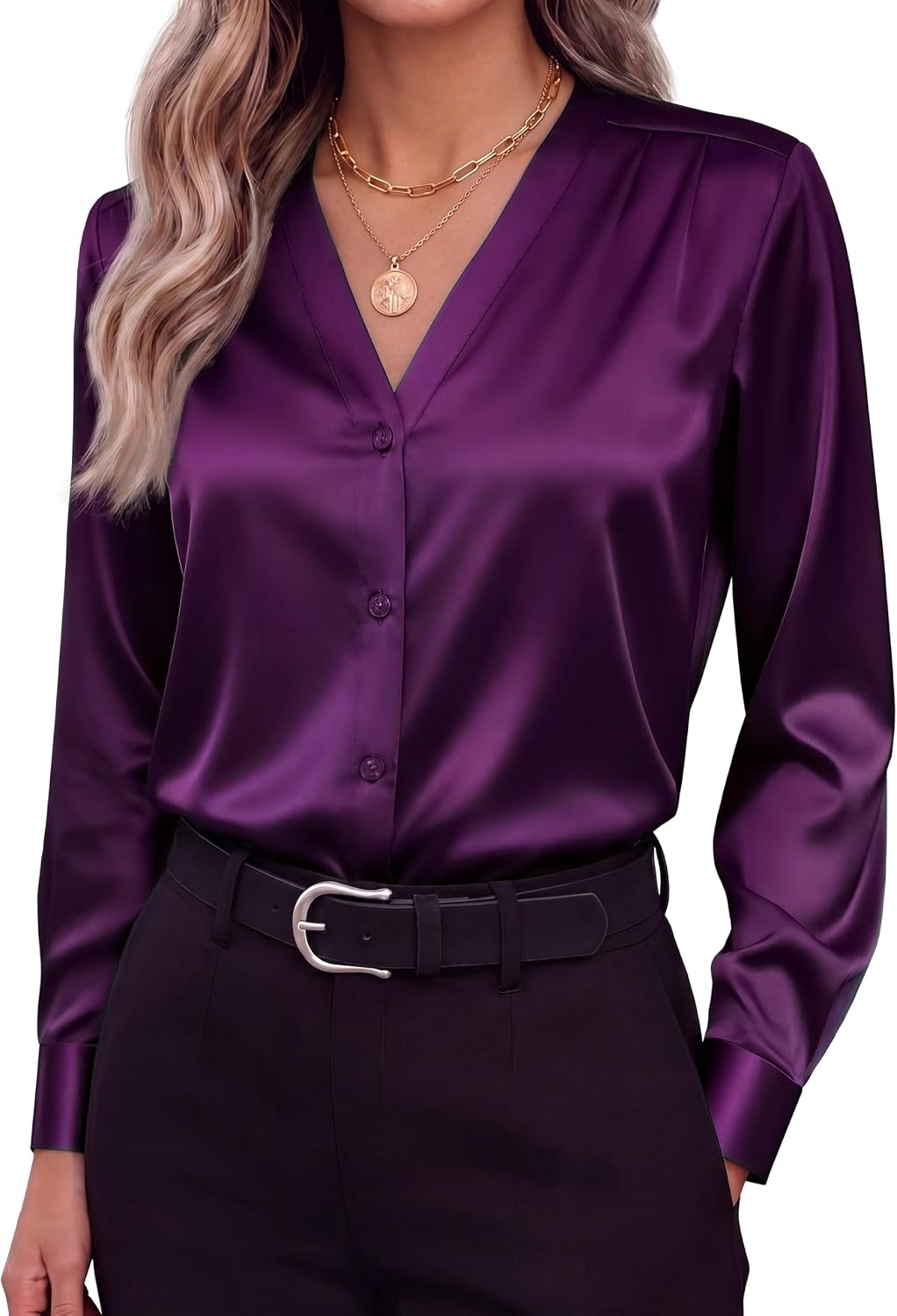 image:imageZeagoo Women Satin Silk Blouses V Neck Long Sleeve Button Down Shirts TopsPurple