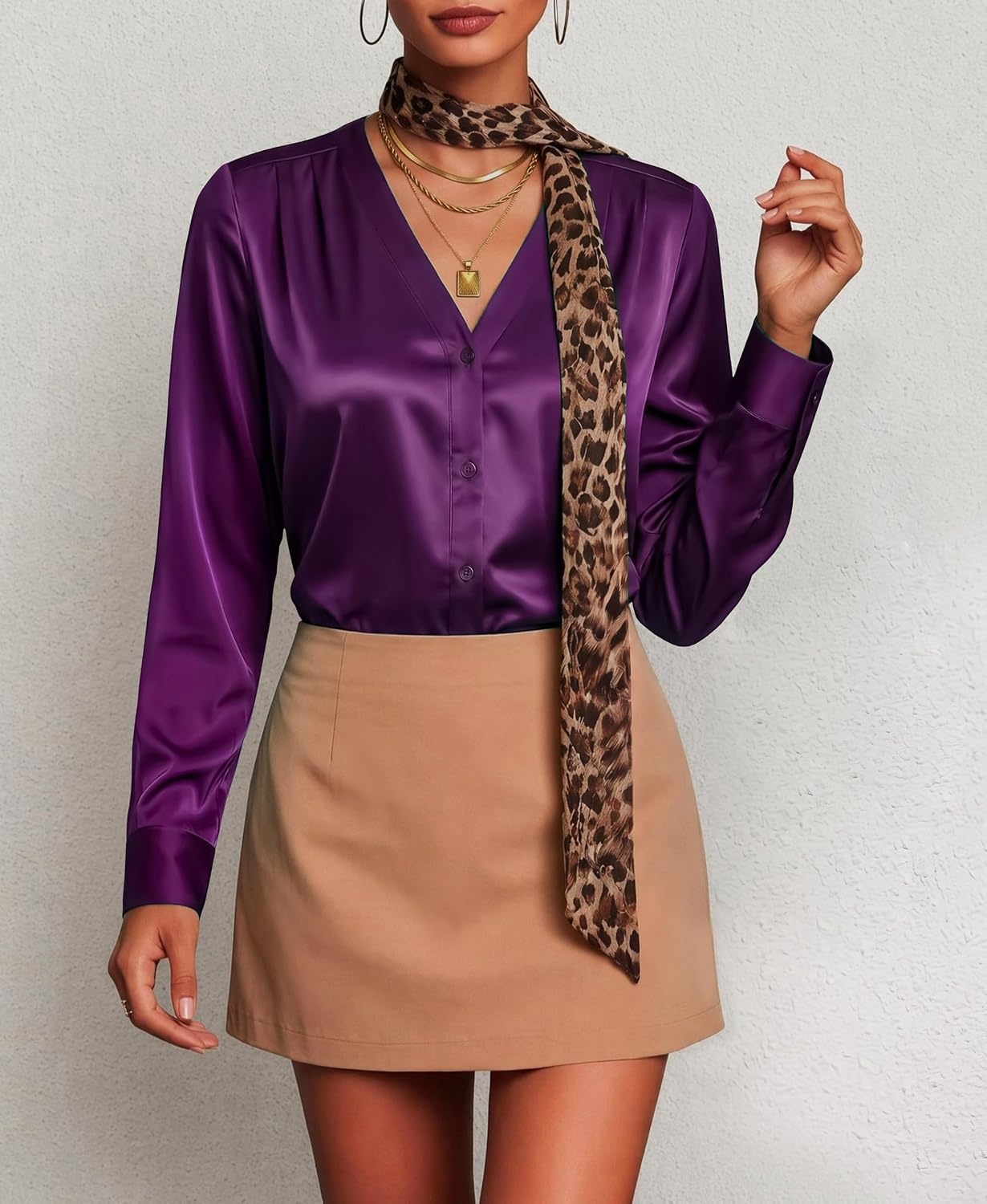 image:imageZeagoo Women Satin Silk Blouses V Neck Long Sleeve Button Down Shirts TopsPurple