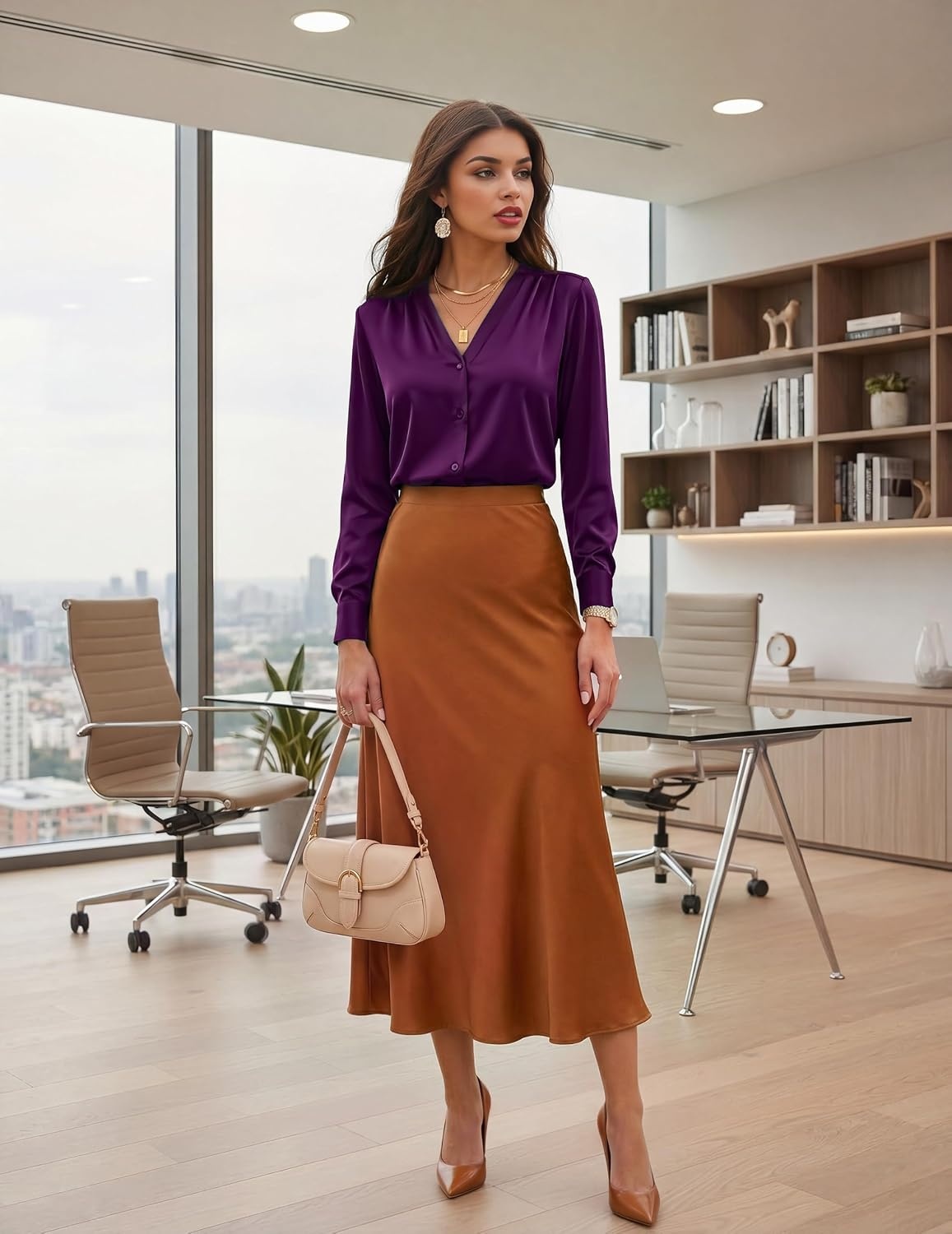 image:imageZeagoo Women Satin Silk Blouses V Neck Long Sleeve Button Down Shirts TopsPurple