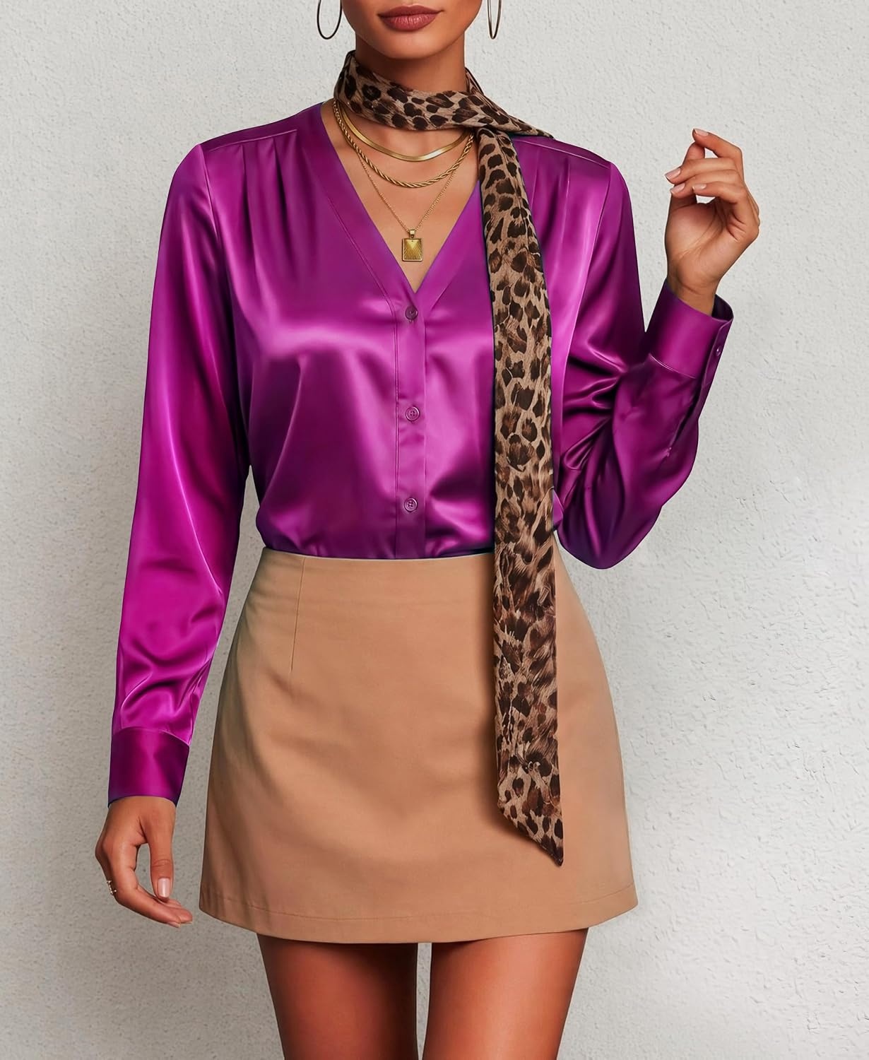 image:imageZeagoo Women Satin Silk Blouses V Neck Long Sleeve Button Down Shirts TopsRose Red