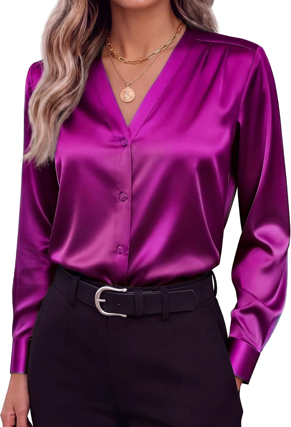 image:imageZeagoo Women Satin Silk Blouses V Neck Long Sleeve Button Down Shirts TopsRose Red