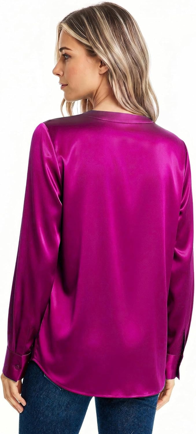 image:imageZeagoo Women Satin Silk Blouses V Neck Long Sleeve Button Down Shirts TopsRose Red