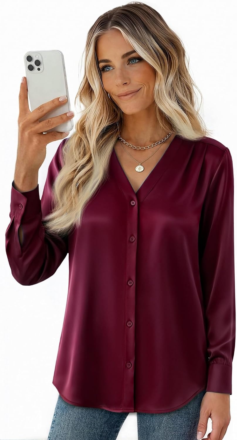 image:imageZeagoo Women Satin Silk Blouses V Neck Long Sleeve Button Down Shirts TopsWine Red