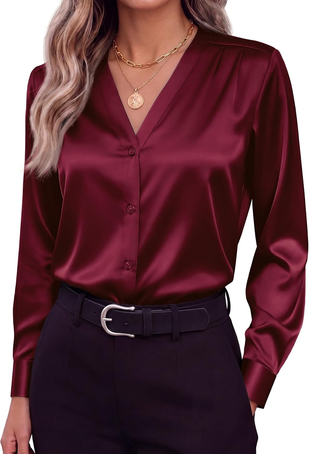 image:imageZeagoo Women Satin Silk Blouses V Neck Long Sleeve Button Down Shirts TopsWine Red