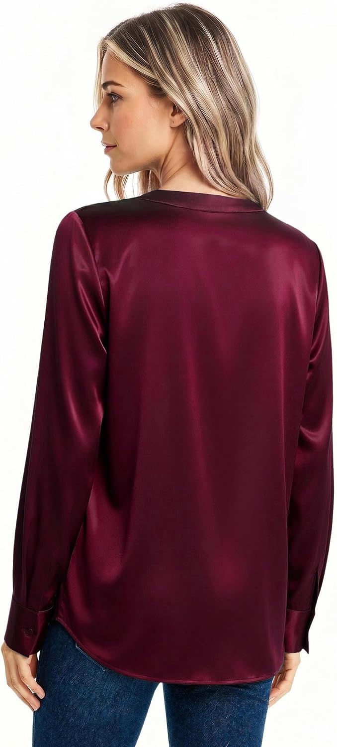 image:imageZeagoo Women Satin Silk Blouses V Neck Long Sleeve Button Down Shirts TopsWine Red