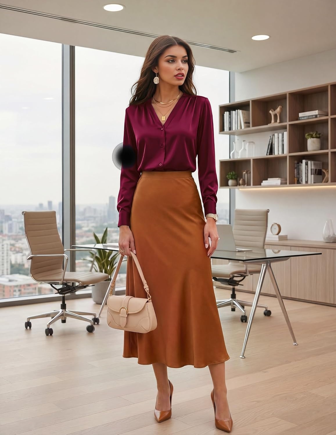 image:imageZeagoo Women Satin Silk Blouses V Neck Long Sleeve Button Down Shirts TopsWine Red