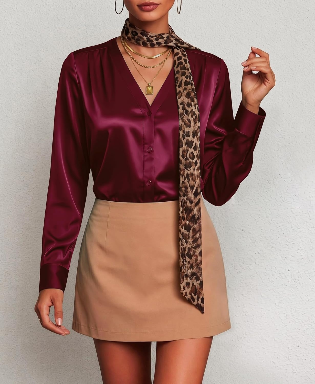 image:imageZeagoo Women Satin Silk Blouses V Neck Long Sleeve Button Down Shirts TopsWine Red