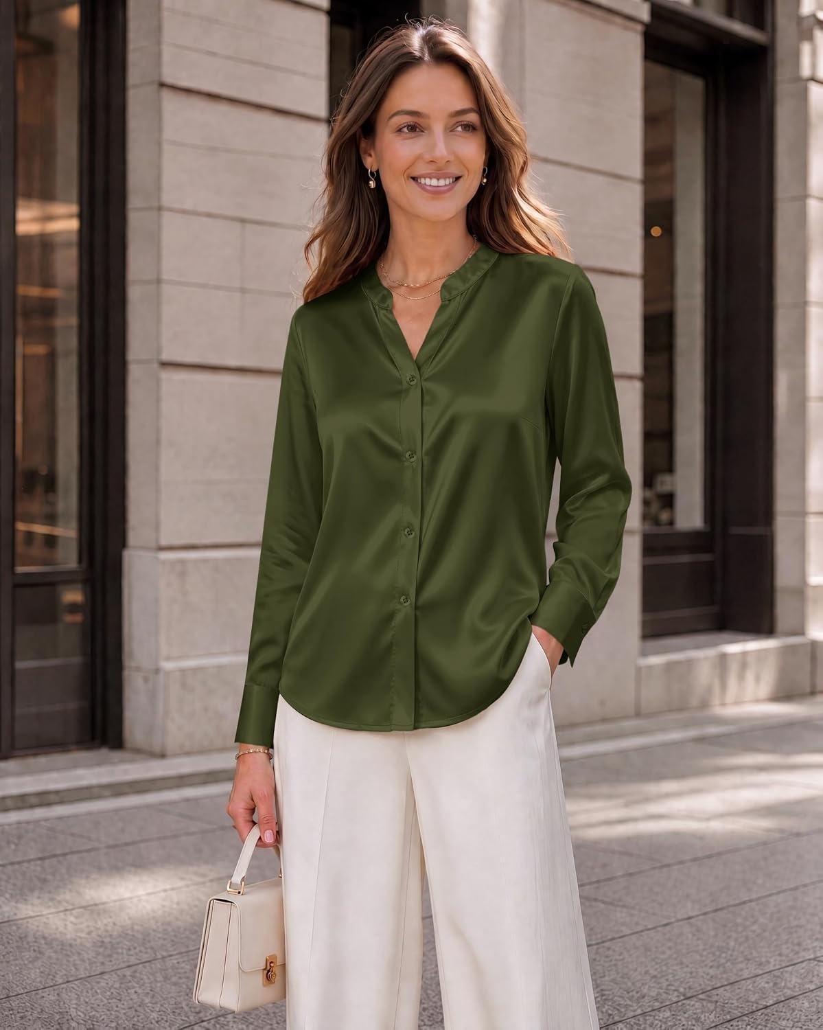 image:imageZeagoo Women Silk Satin Tops Long Sleeve Button Down Shirts S2XLArmy Green