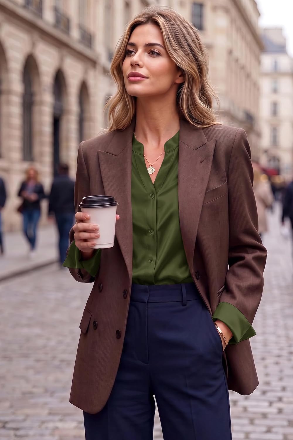 image:imageZeagoo Women Silk Satin Tops Long Sleeve Button Down Shirts S2XLArmy Green
